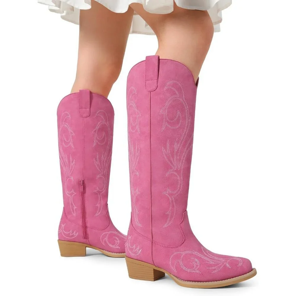 Women Faux Leather Hot Pink Knee High Chunky Heel Side Zipper Embroidered Boot